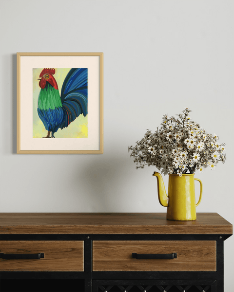 Blue Gr Rooster Art Print - Conversation Art Pieces