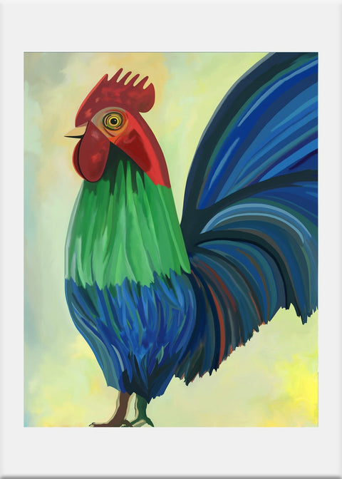 Blue Gr Rooster Art Print - Conversation Art Pieces